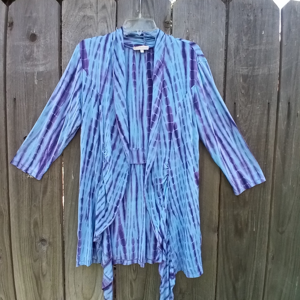 ZEN KNITS OPEN CARDIGAN SZ L BLUE TIE DYE DRAPER 3/4 SLEEVE STRETCH RAYON